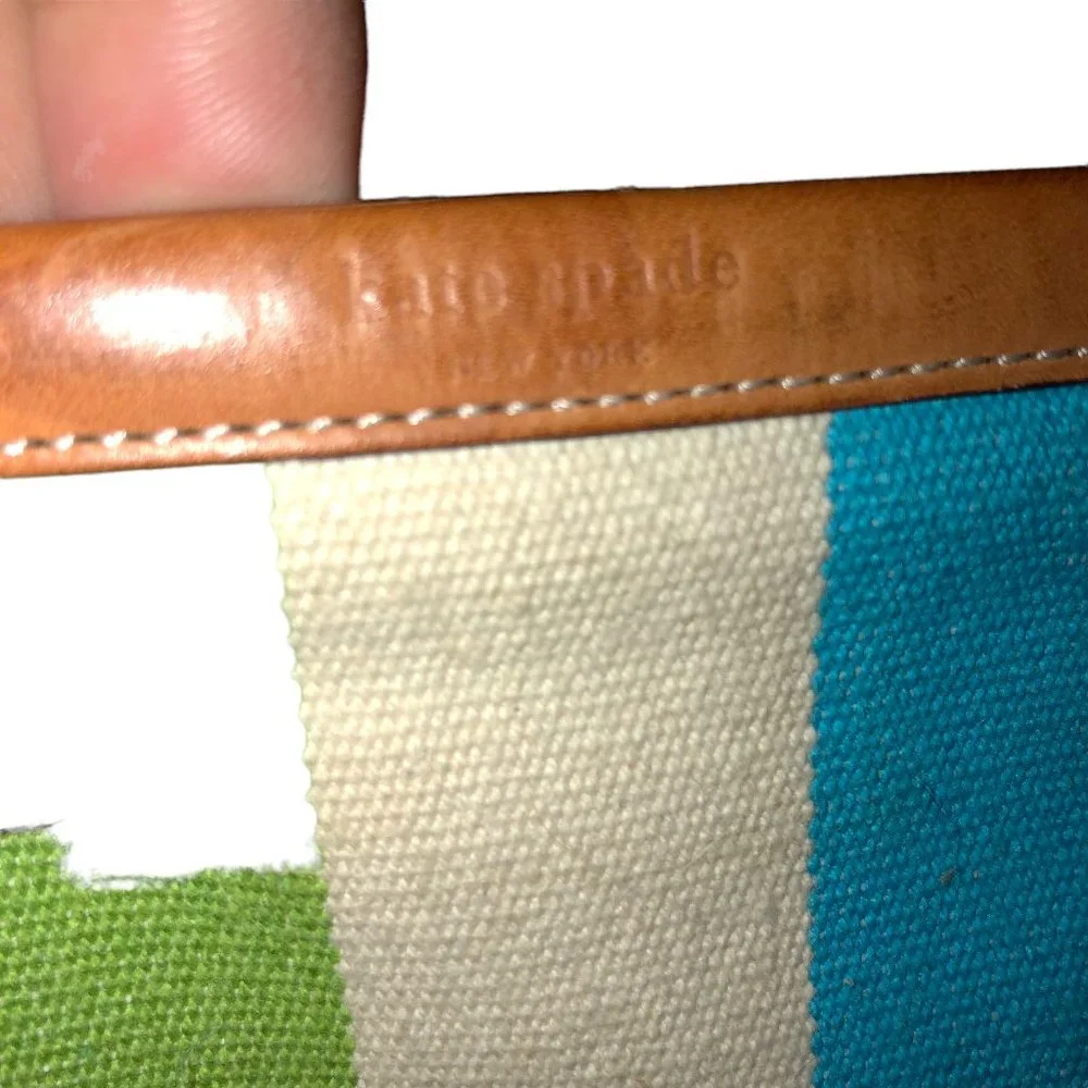 Kate Spade blue green Beach Ball stripe Leather trim zipper pouch bag 8x…